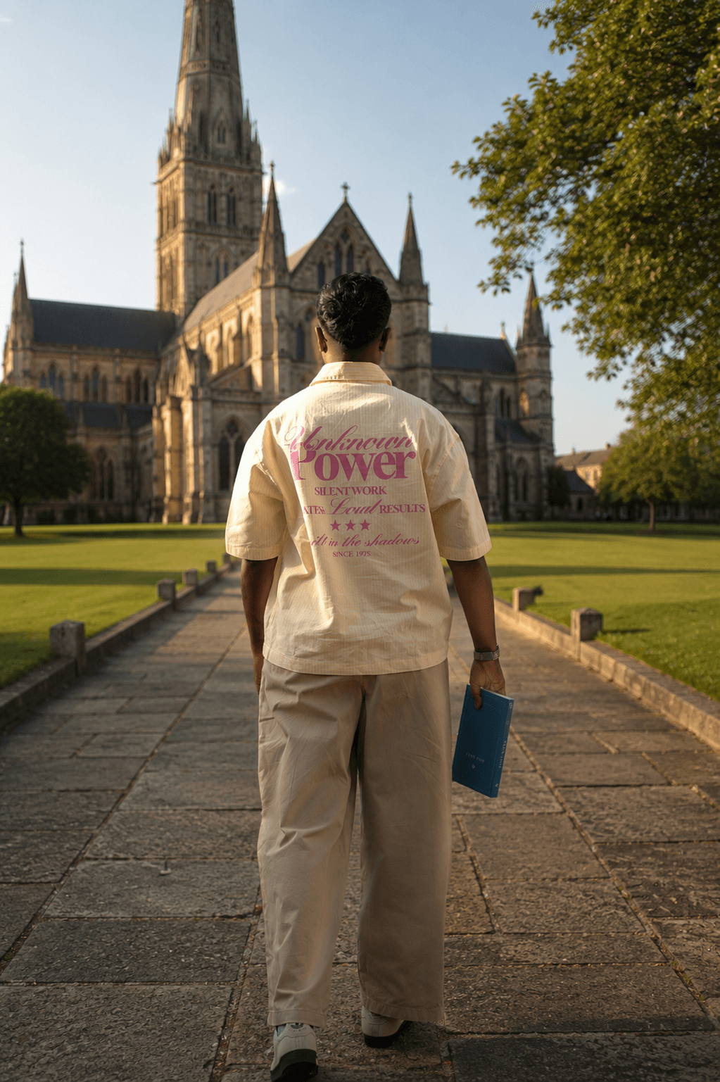Kai walking towards Salisbury Cathedral